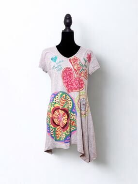 Desigual Grey Heart Drawing Print Asymmetric Hem Shirt Dress Size XL